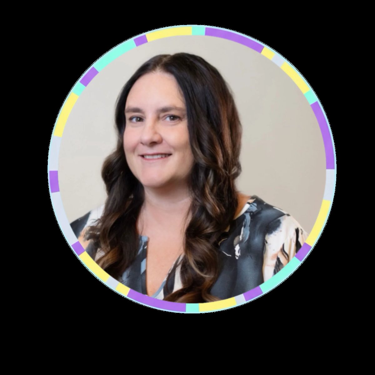 Woman with long dark wavy hair smiling at camera, wearing a dark patterned jacket, circular profile photo with colorful border